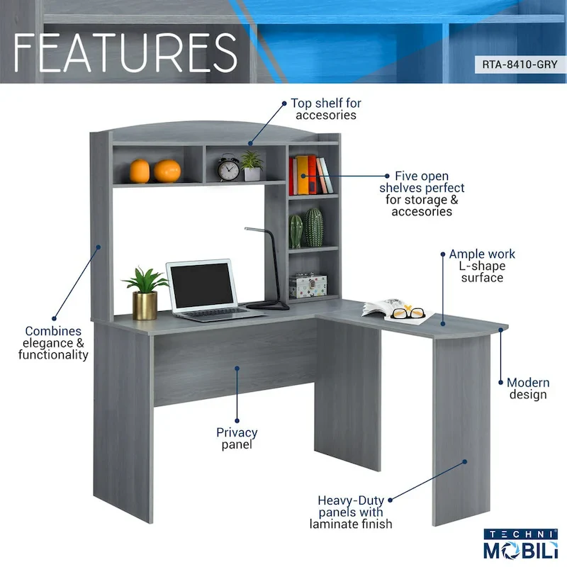 Grey L-Shaped Corner Desk with Hutch, 3 Vertical Shelves & Privacy Panel