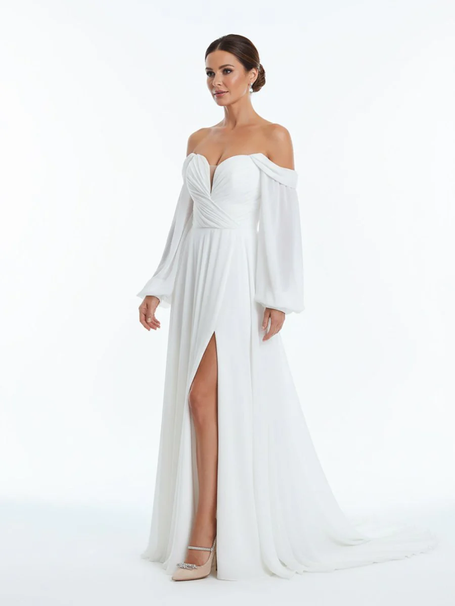 A-Line Sweetheart Long Sleeves Chiffon Sweep Train Wedding Dress