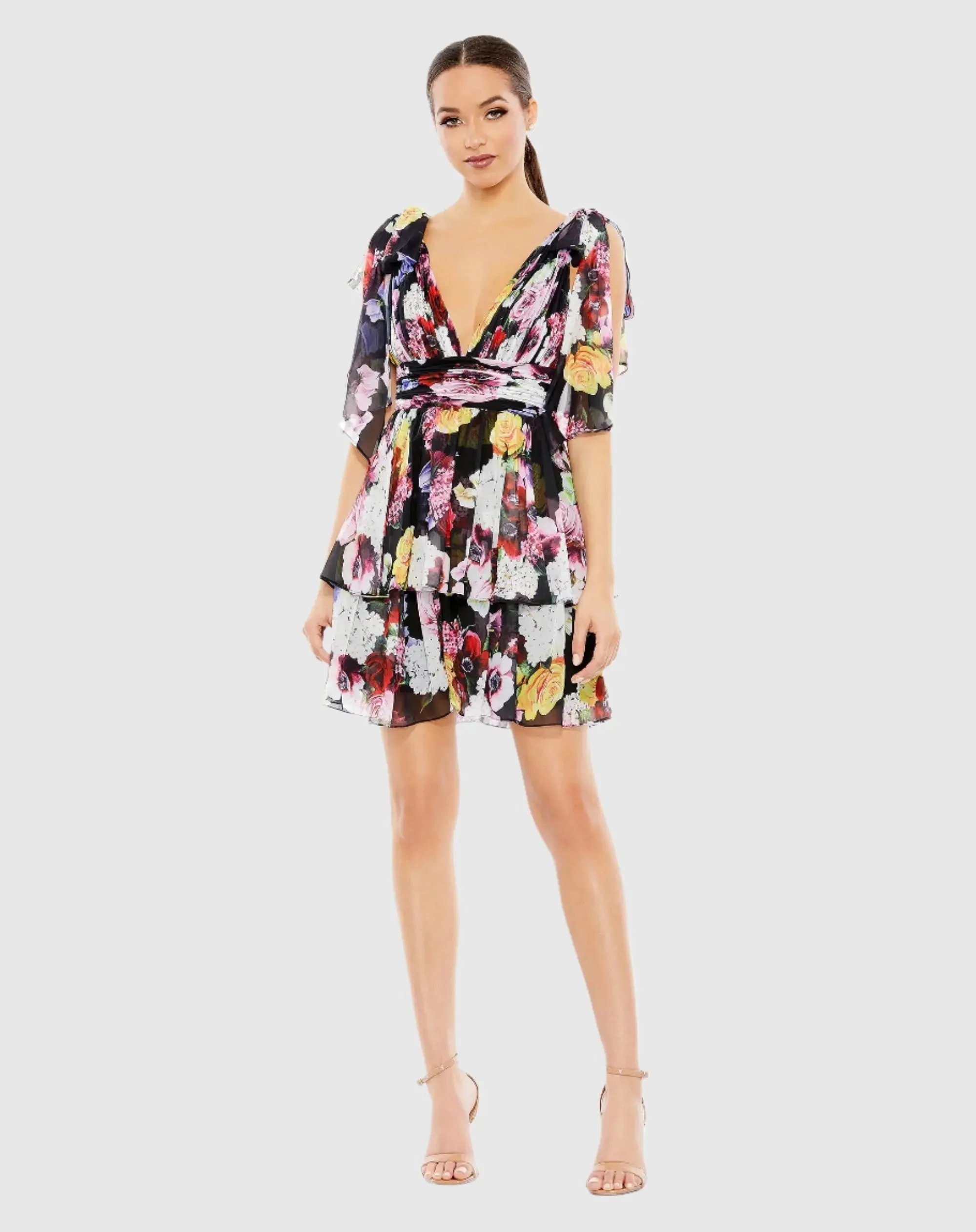 Multicolor Floral Print Ruffled Sleeveless Soft Tie Dress