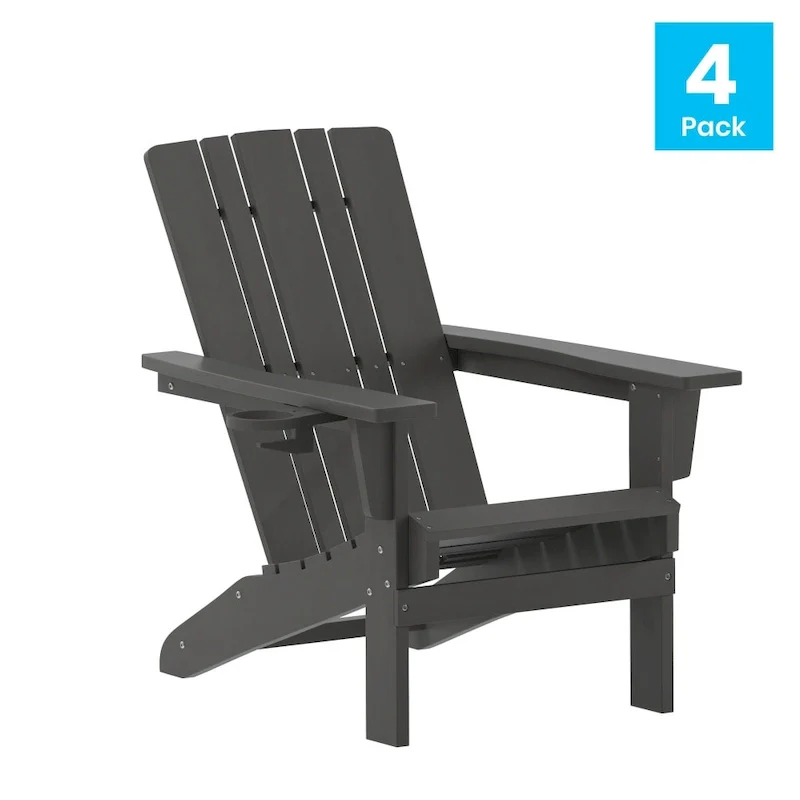 Set of 4 Commercial All-Weather Adirondack Chairs with Cupholders