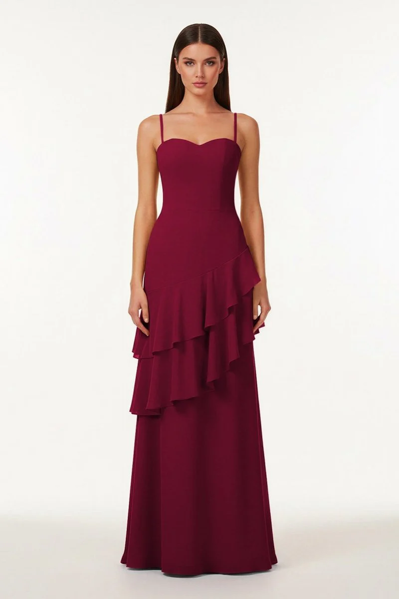 Red - Sheath Spaghetti Straps Chiffon Long Prom Dresses with Ruffles