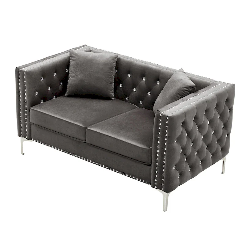 Square Arm Velvet Loveseat with Jeweled buttons and 2 Pillows