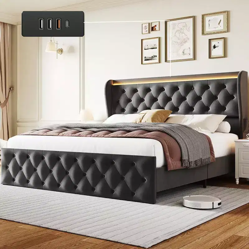 King Bed Frame with LED Lights and Charging Station, Velvet Upholstered Platform Bed Frame with Wingback Headboard, Noise-Free/No Box Spring Needed