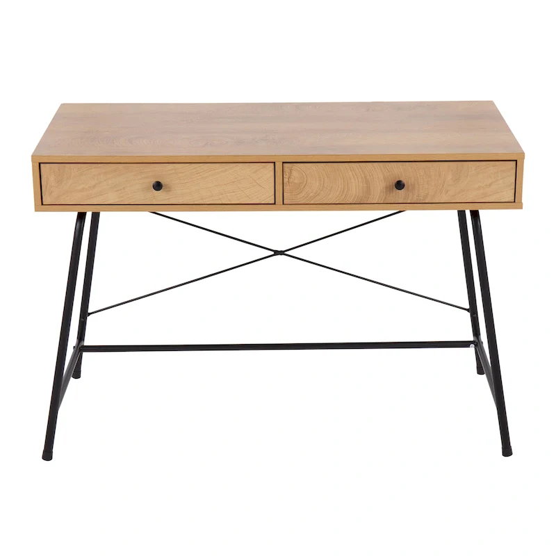 Brown Wood & Black Metal Industrial Style Desk with Pull-Out Drawer