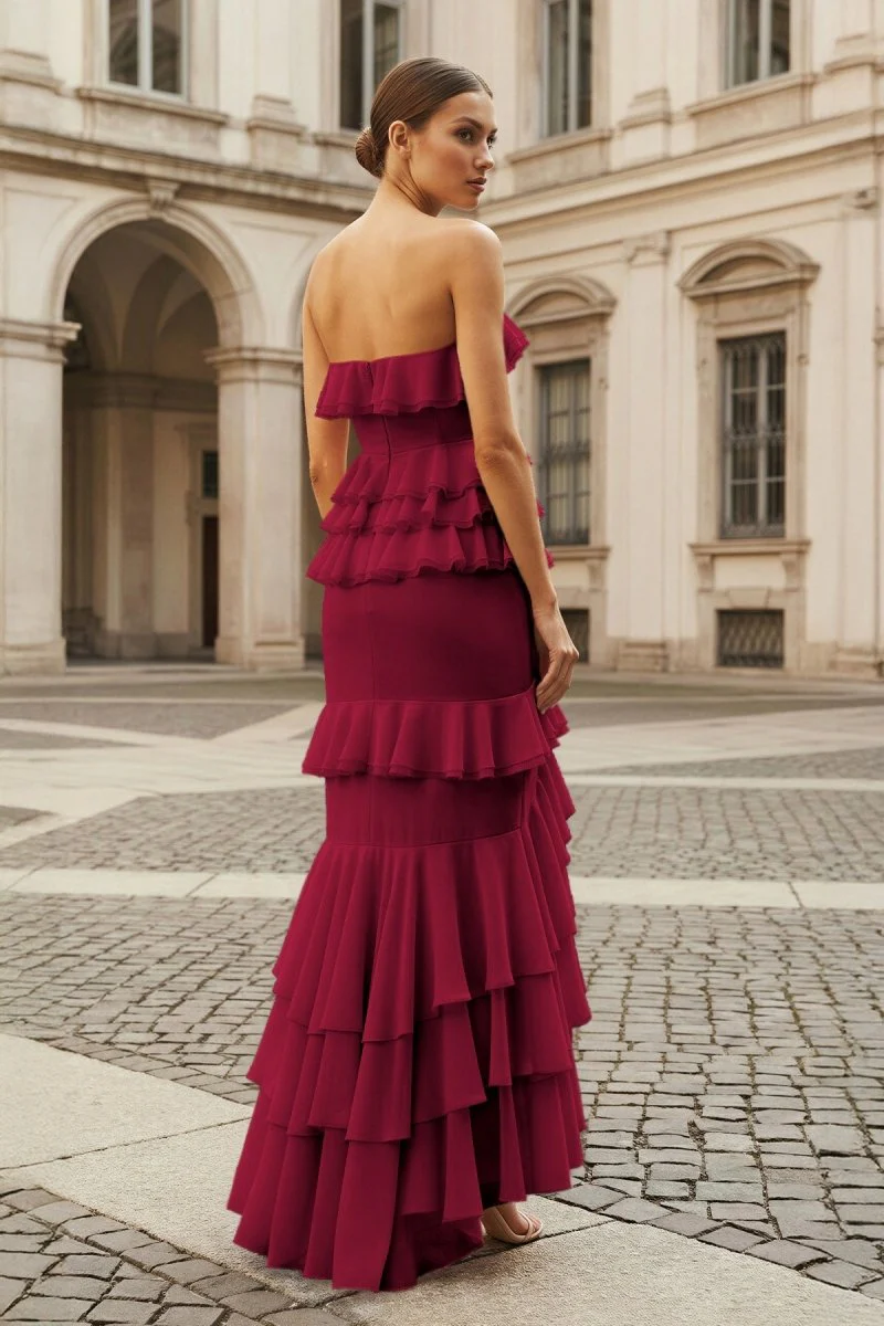 Pink Strapless Sheath Chiffon Ruffled Long Prom Dresses