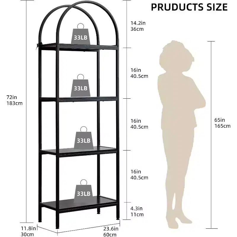 Arched Bookcase 4/5-Tier - Industrial Open Shelf Storage Unit with Sturdy Metal Frame, Freestanding Display Rack for Living Room, Bedroom Decor