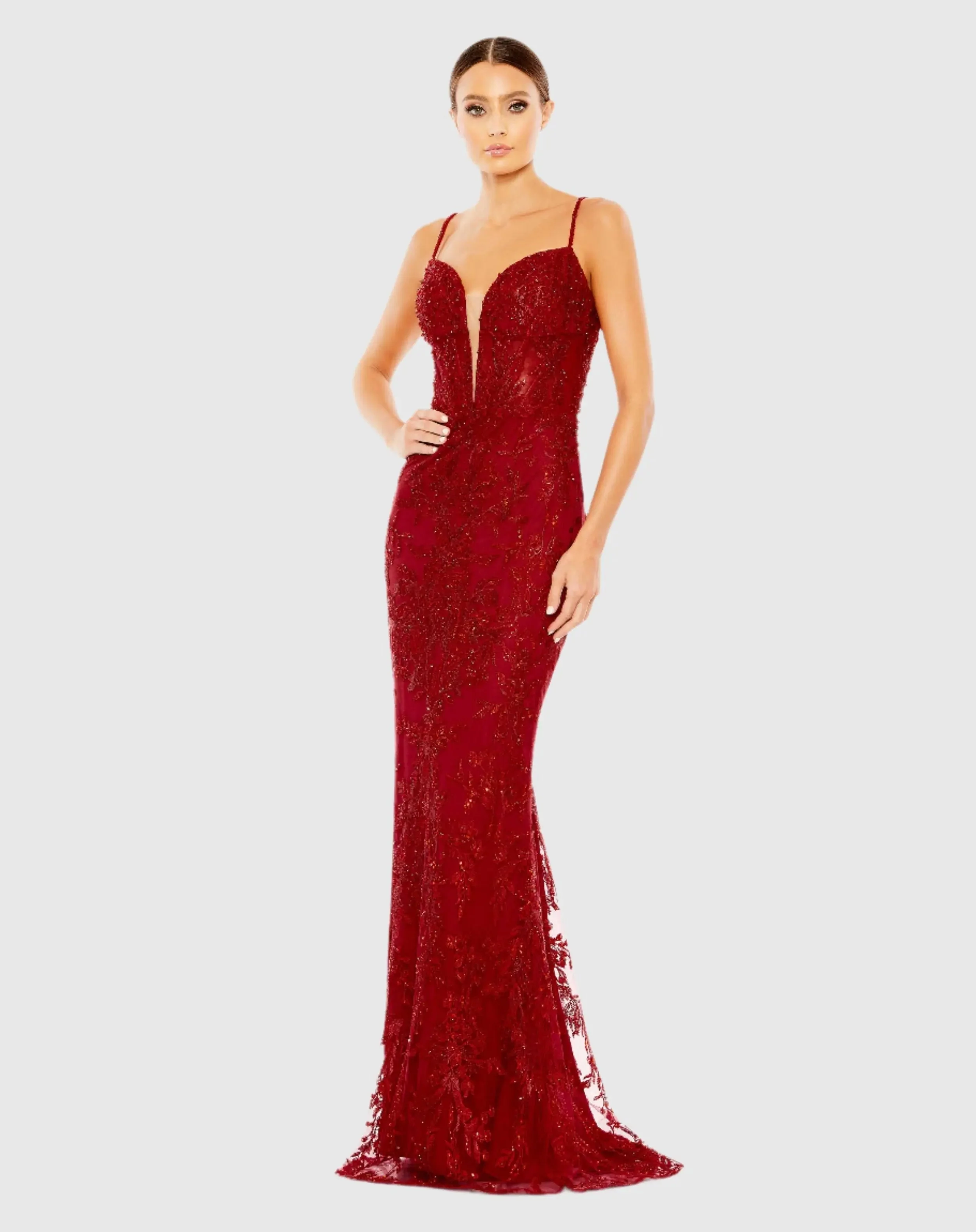 Red Embellished Plunge Neck Illusion Mermaid Gown