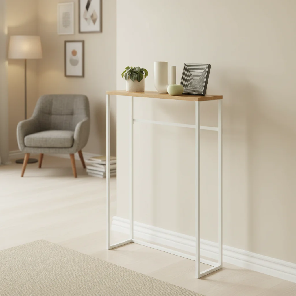 White / Black Steel and Wood Narrow Entryway Console Table with Hooks – 23.62 in