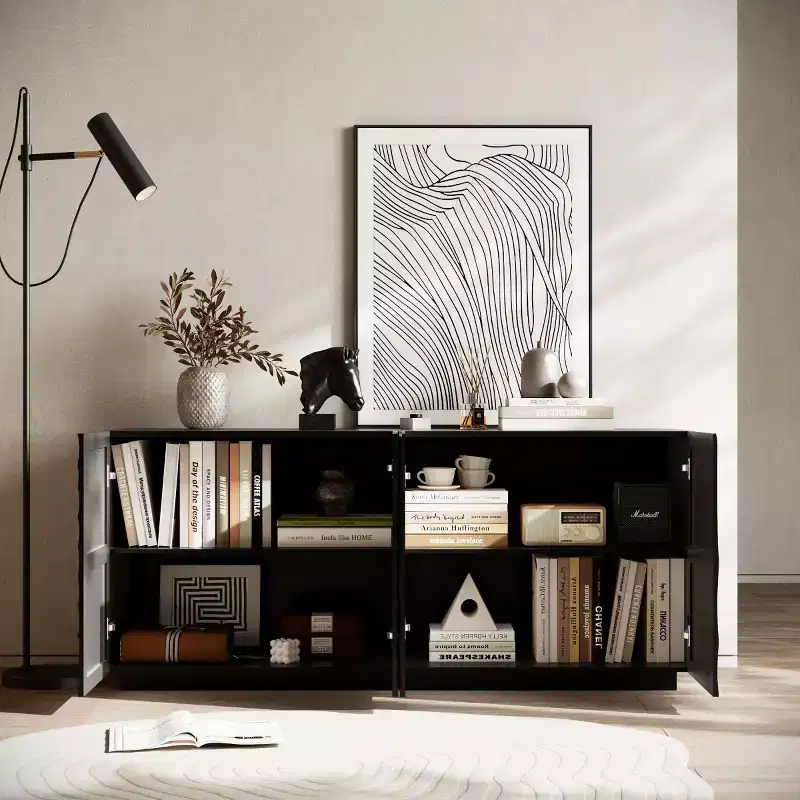 59 Modern Spiral Sideboard Buffet Cabinet, Low Profile Art Entryway Storage Cabinet with 3D Ripple Texture Doors - Panipeachy