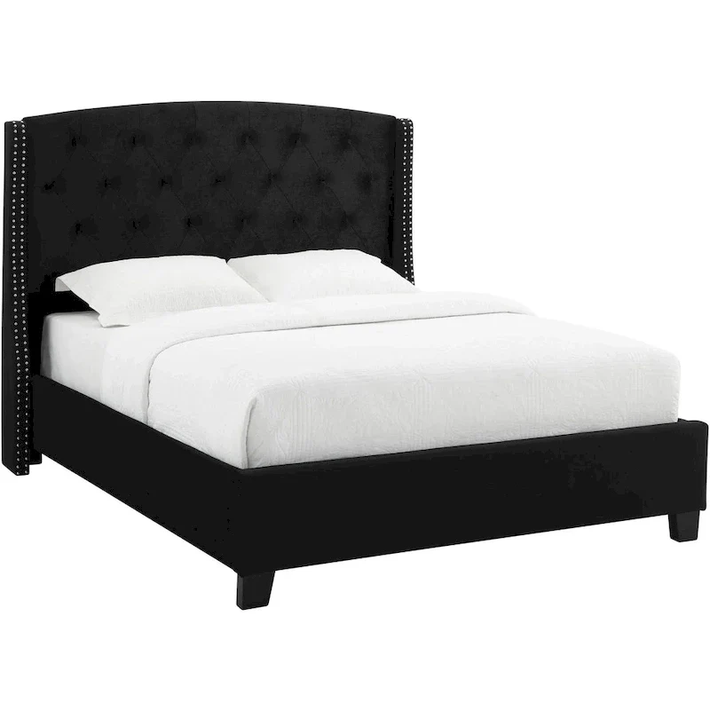 Black Queen Low Profile Bed with Button-Tufted Wingback Headboard & Nailhead Trim