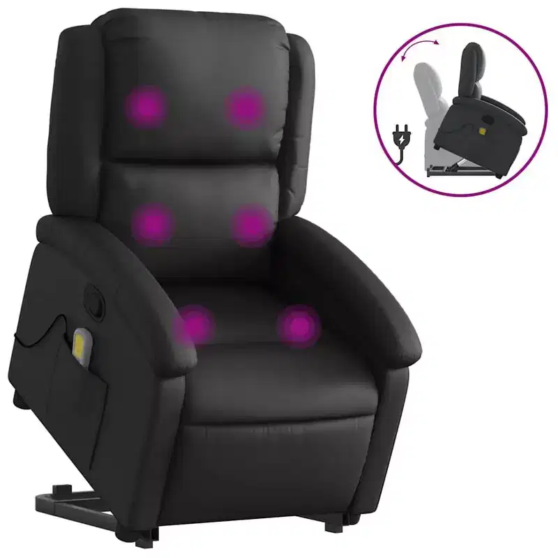 vidaXL Black Leather Power Lift Recliner Chair with Massage and Manual Recline, Comfortable Foam Padded Armchair for Elderly