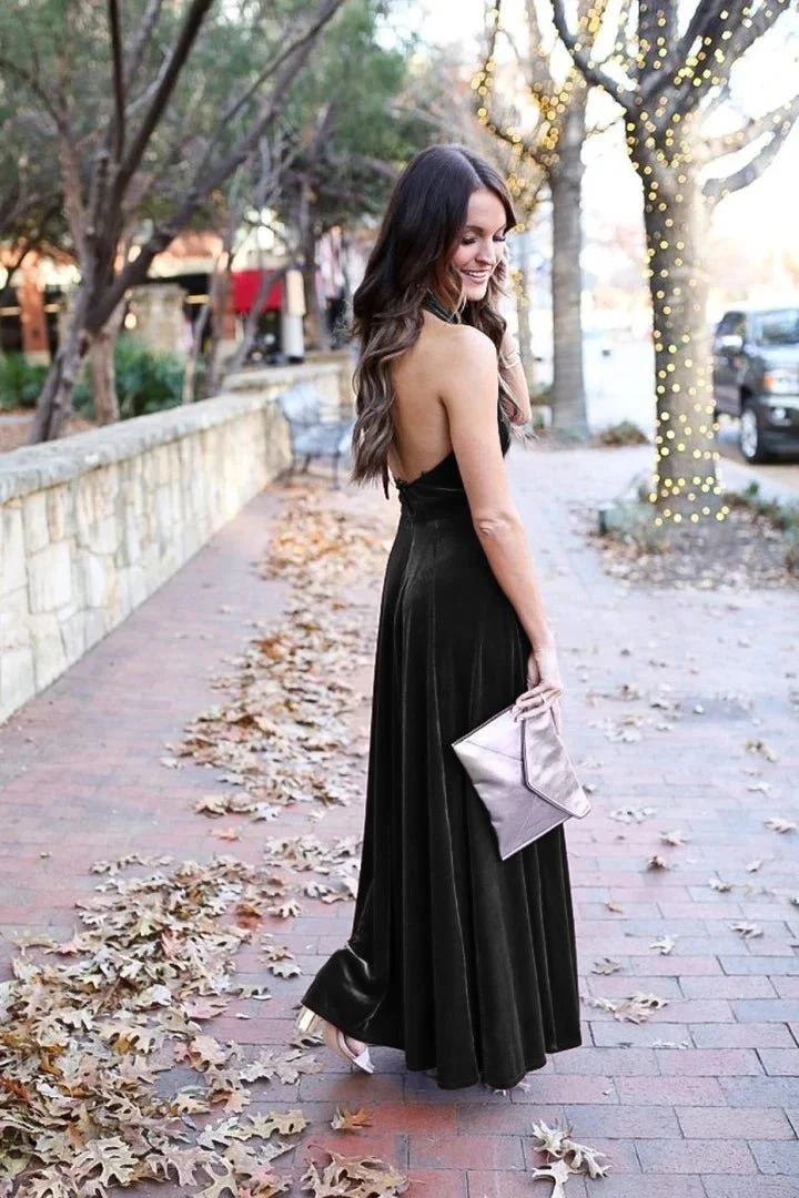 Elegant A-Line Halter Backless Burgundy Velvet Long Bridesmaid Dresses Prom Gown