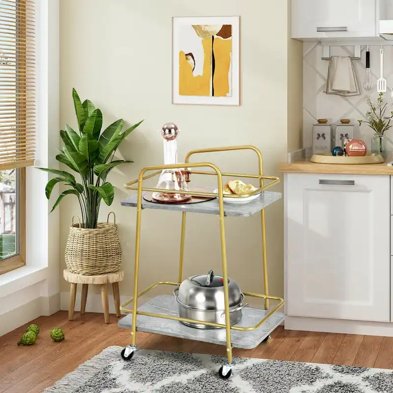 Gymax Gold Serving Cart Utility Trolley on Wheel Rolling Kitchen Rack