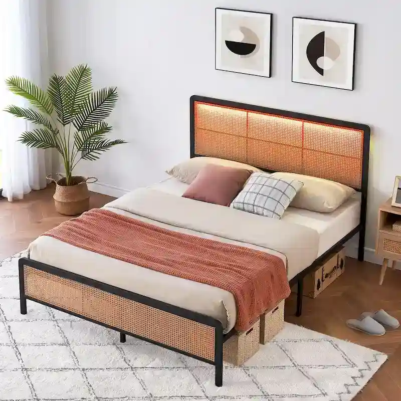 Black/White Rattan Platform Bed Frame with LED Headboard – Full/Queen, Sleeps 1–2