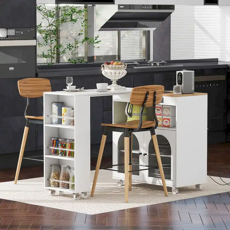 LED Lights Kitchen Island Cart With Extended Table and Power Outlets