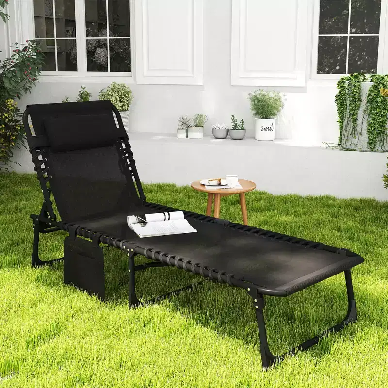 Reclining Chaise Lounge Chair, Portable Sun Lounger, Folding Camping Cot with Adjustable Backrest and Removable Pillow, for Patio, Garden, Beach