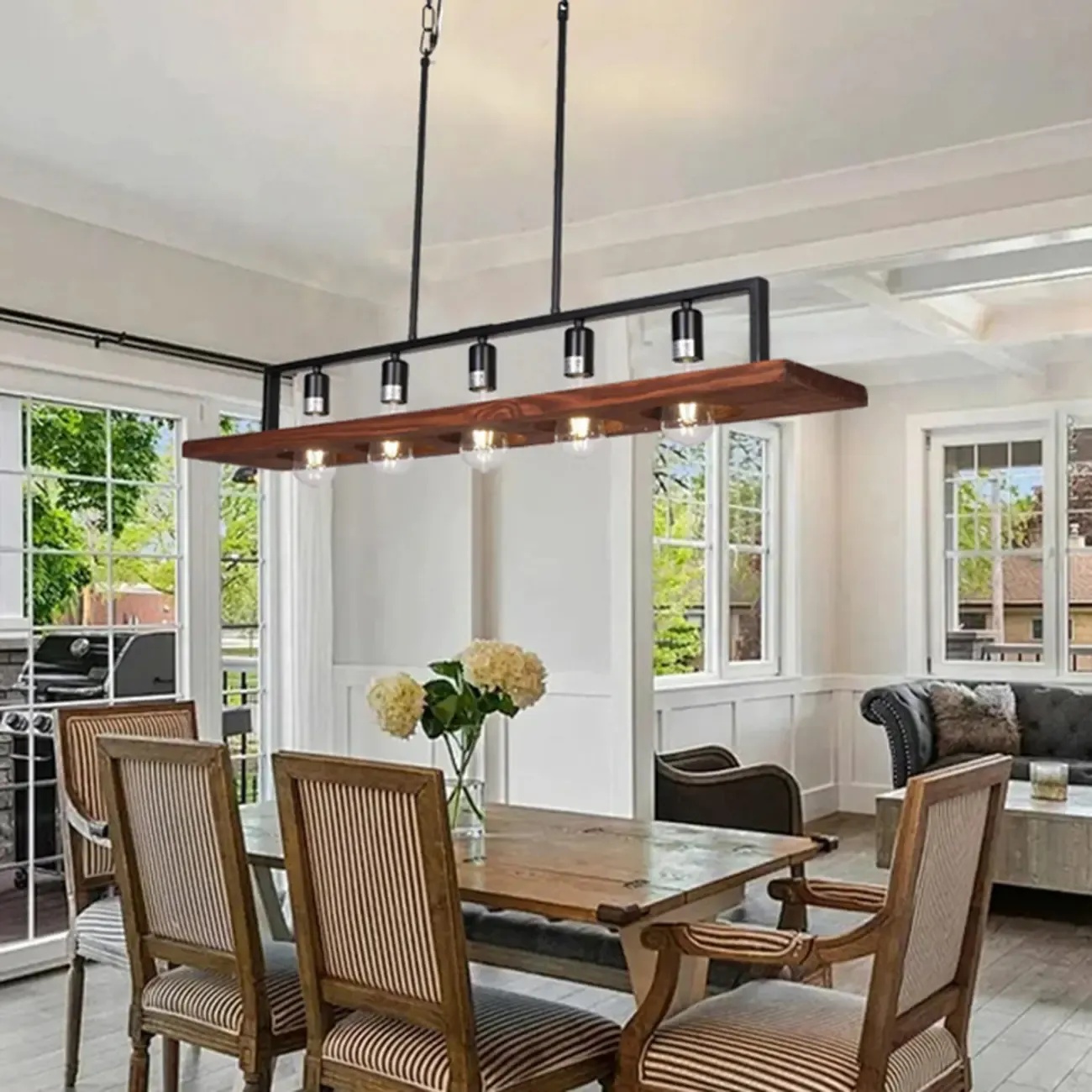 Industrial 5-Light Glass Black Pendant Light Kitchen Island