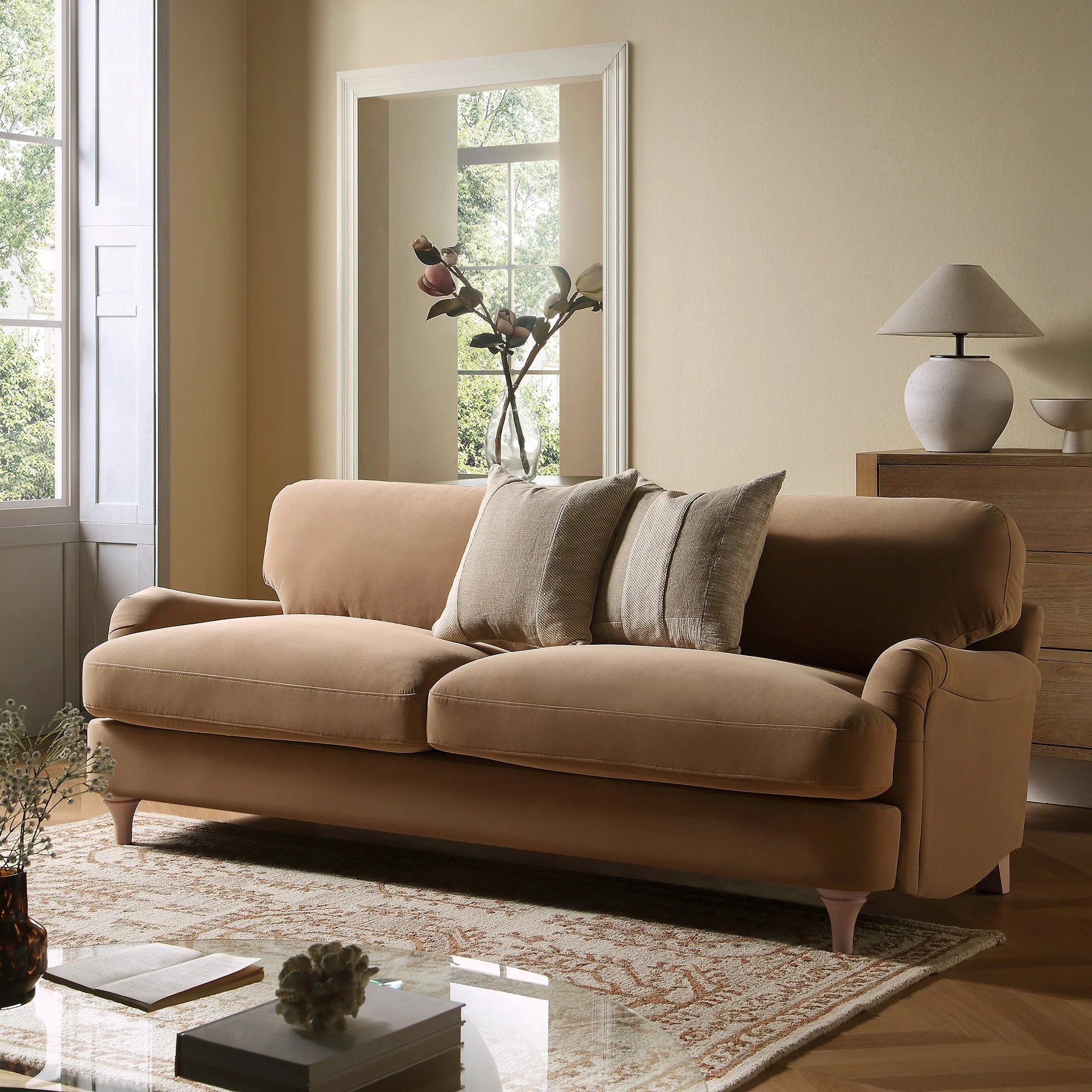Camel Velvet Sofa, 3-Seater