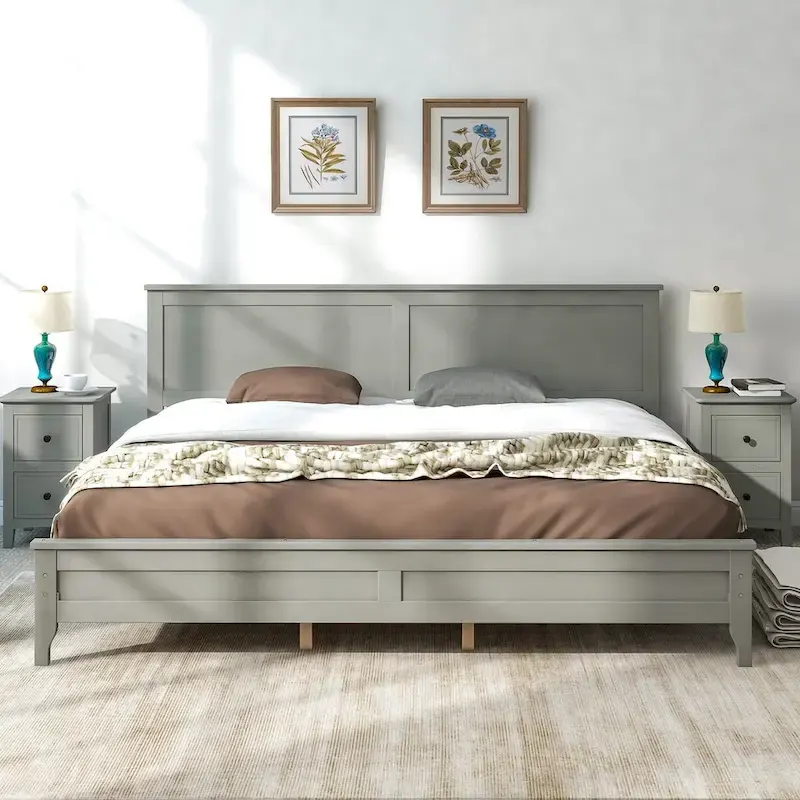 King Platform Bed in Modern Gray Pine Wood - Simple Slat Design, Elegant, High Load Capacity