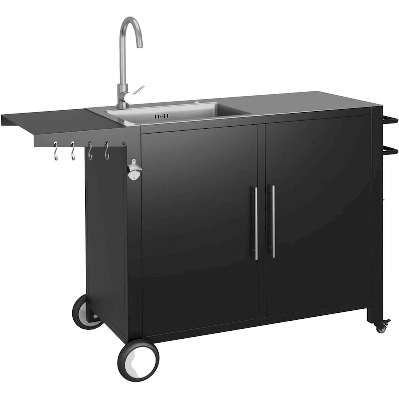 Outdoor Kitchen Sink with Hose Hook up, Stainless Steel Grill Prep Table with Storage Cabinet