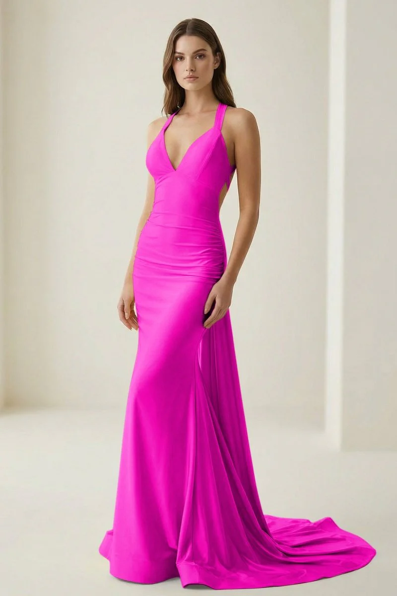Pink V Neck Satin Mermaid Open Back Long Formal Prom Dresses