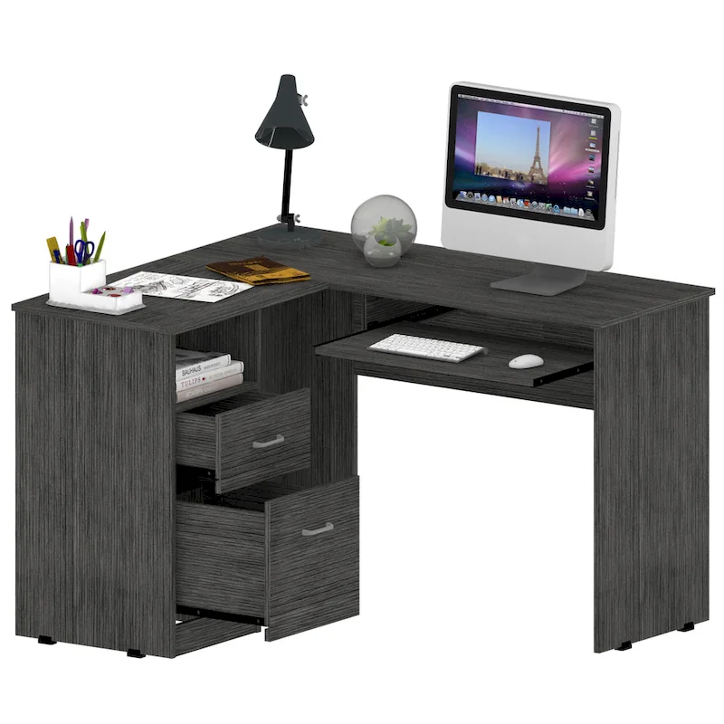 L-Shaped Desk with Drawers and Keyboard Tray