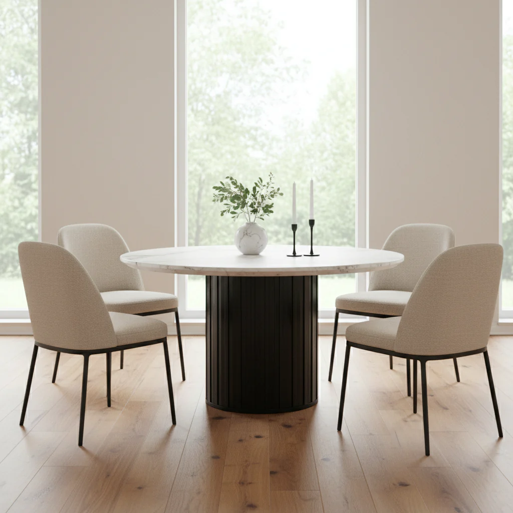 54 Inch Dining Table, Round Faux Marble Top, Black Pedestal Base