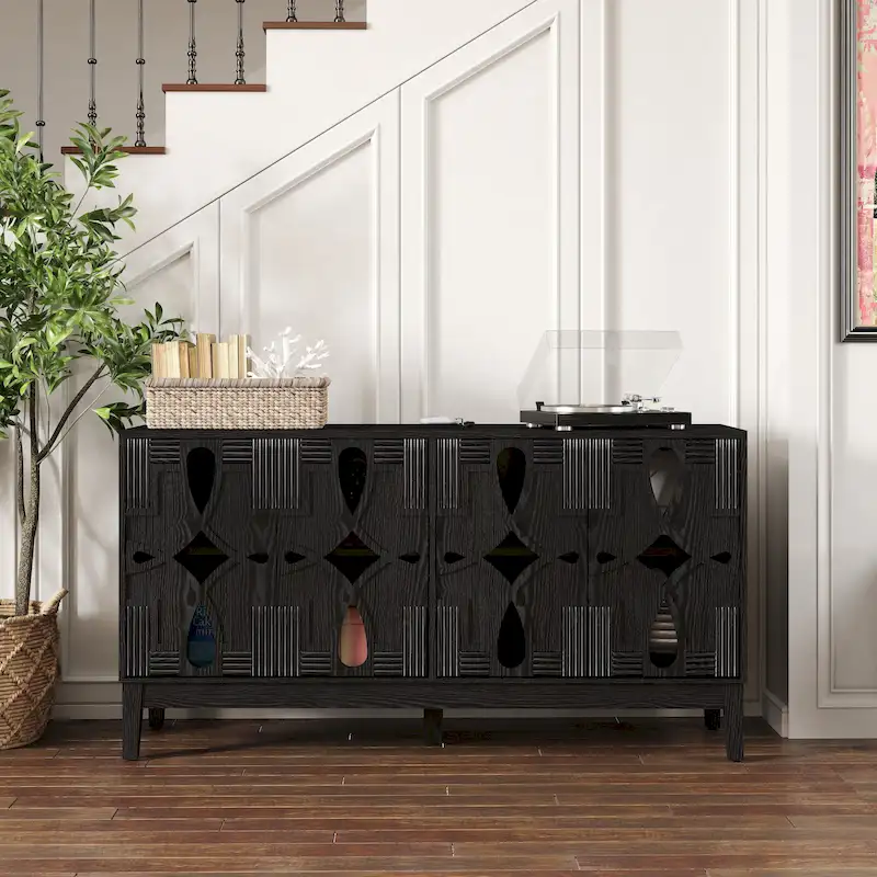 Hollow-Carved Accent Cabinet Sideboard Buffet Cabinet, 60.5 Entrance Storage Cabinet Media Console Table with 4 Doors