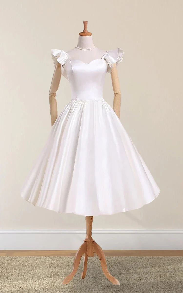 Scalloped Tea-Length Satin Wedding Dress With Pleats