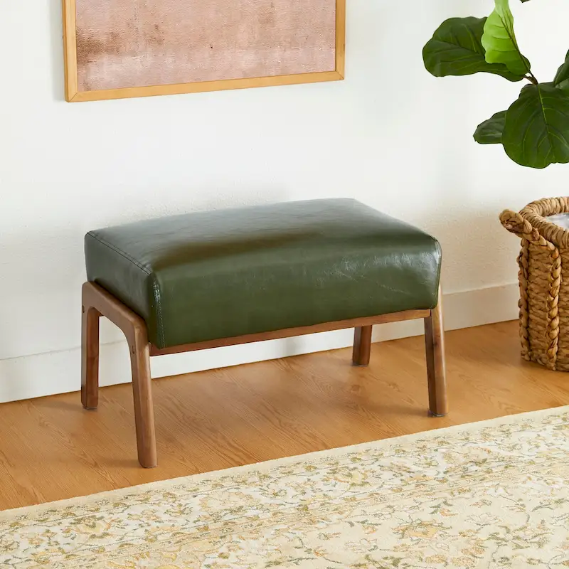 24.5W Leatherette Accent Stool with Walnut Rubberwood Legs