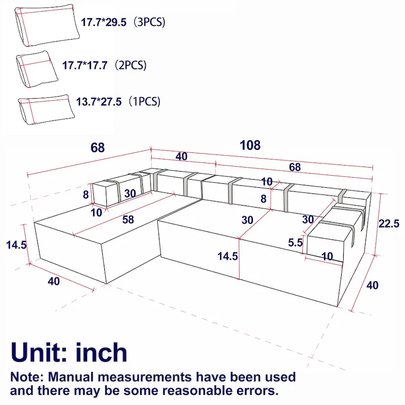 108 Chenille Modular L-Shaped Sectional Sofa with 6 Pillows, Reversible Chaise