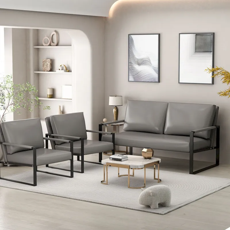 Mieres Mid-Century Style 3-Piece PU Leather Living Room Sofa Set Including 2 Armchairs and 1 Loveseat Sofa