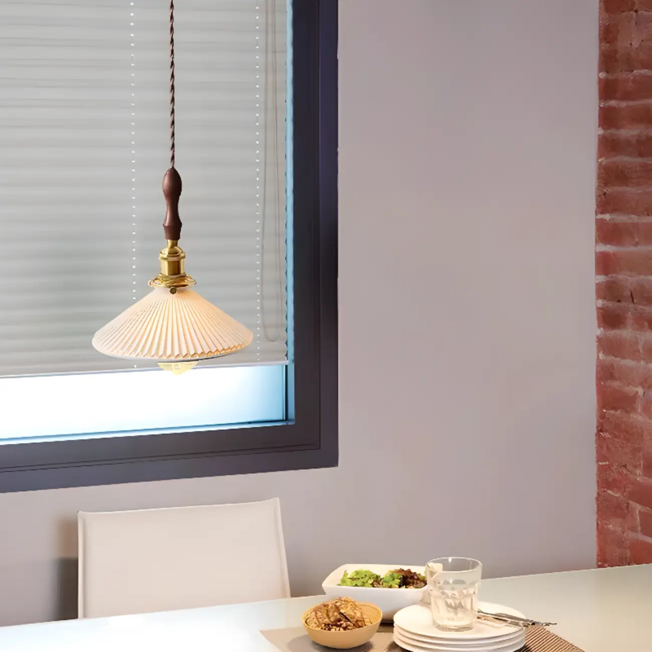 White Ceramics Pleated Cone Hanging Pendant Light