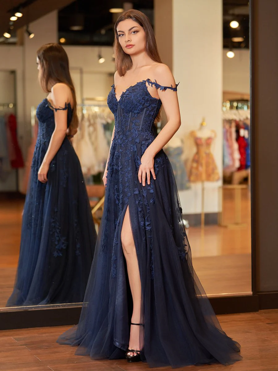 A-line V Neck Lace Tulle Prom Dress With Slit