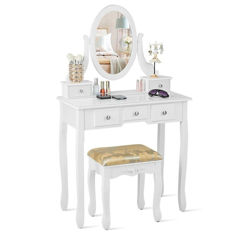 Costway Vanity Table Dressing Table 5 Make Up Table Stool