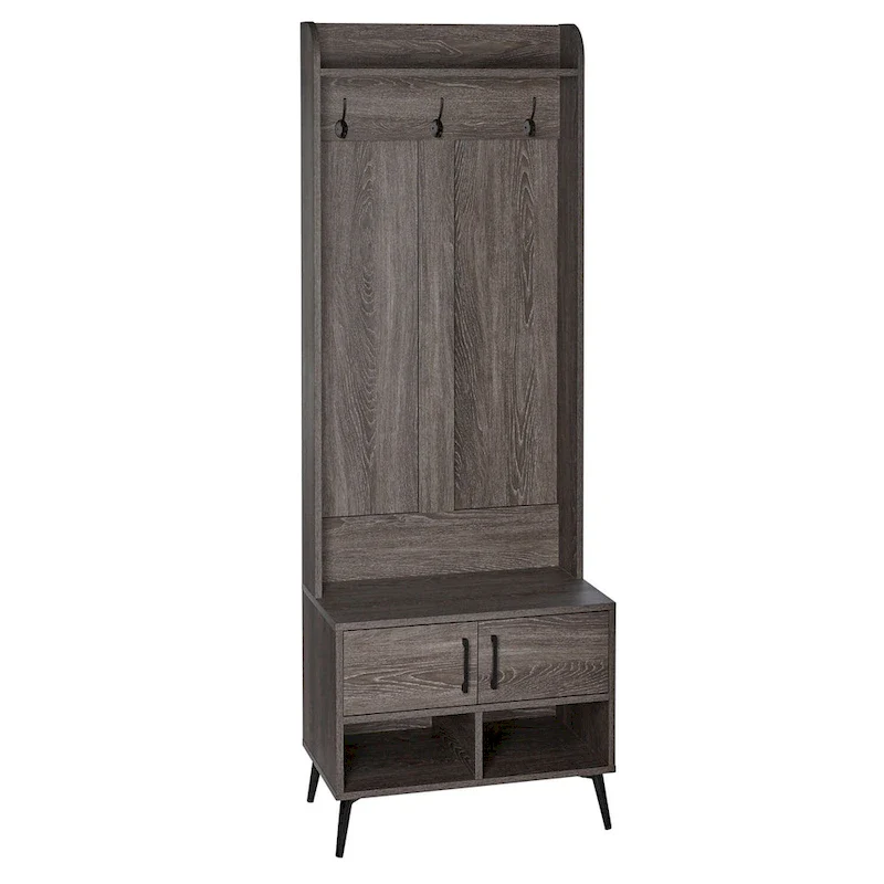 Woodbury Hall Tree with Entryway Bench, Shoe Storage, Coat Hooks & Cubby Storage - Weathered Woodgrain