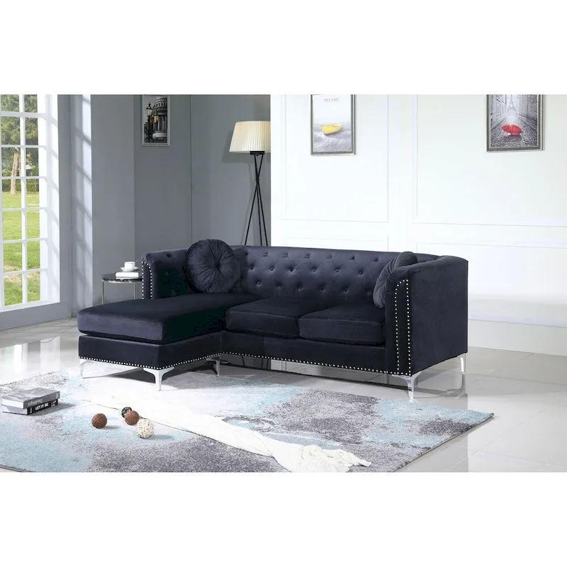 Velvet Button-Tufted Sofa with Reversible Chaise for 3-4 People