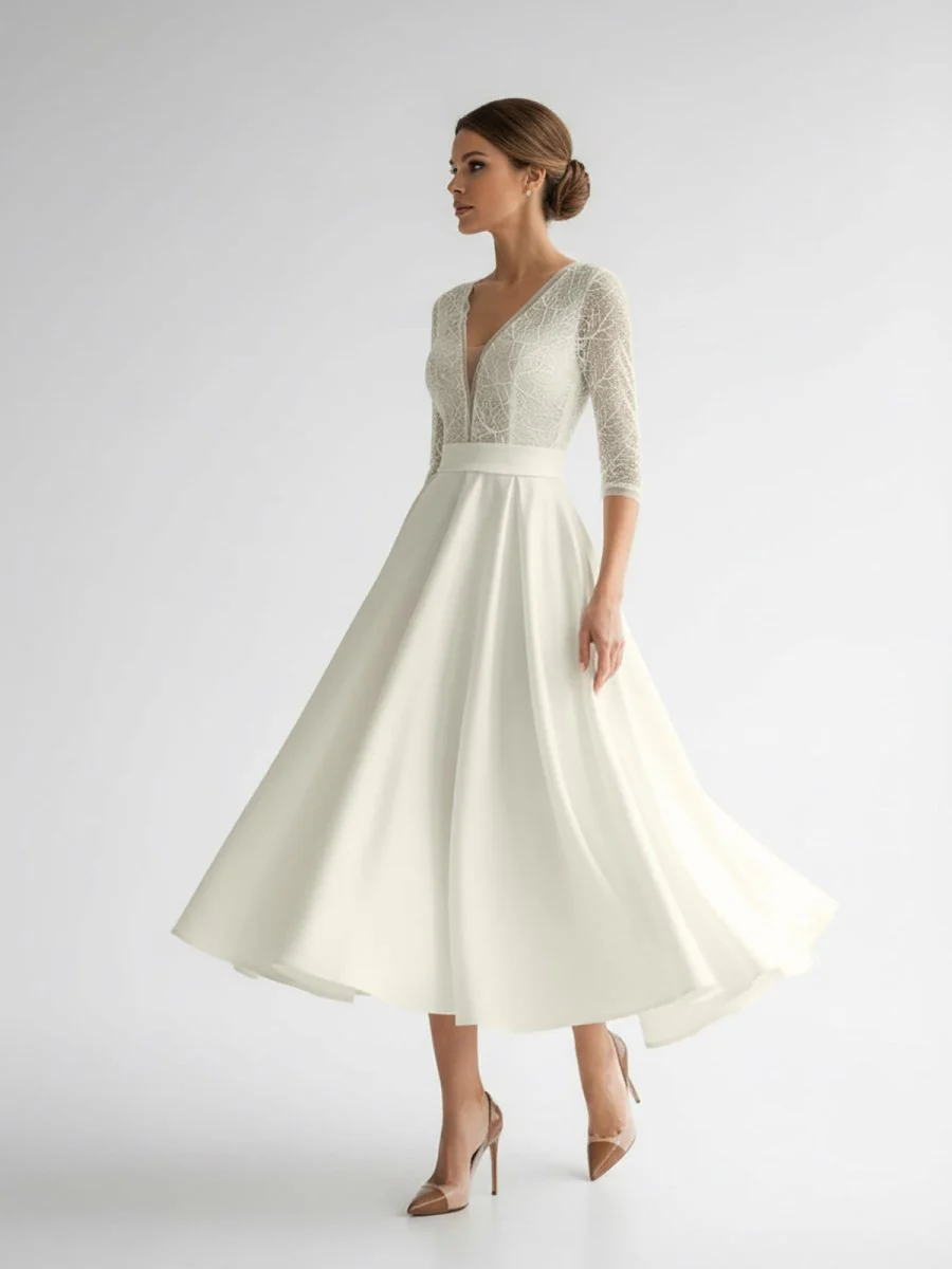 Satin V-neck A Line Tea-length Wedding Dress with Ruching and Sash