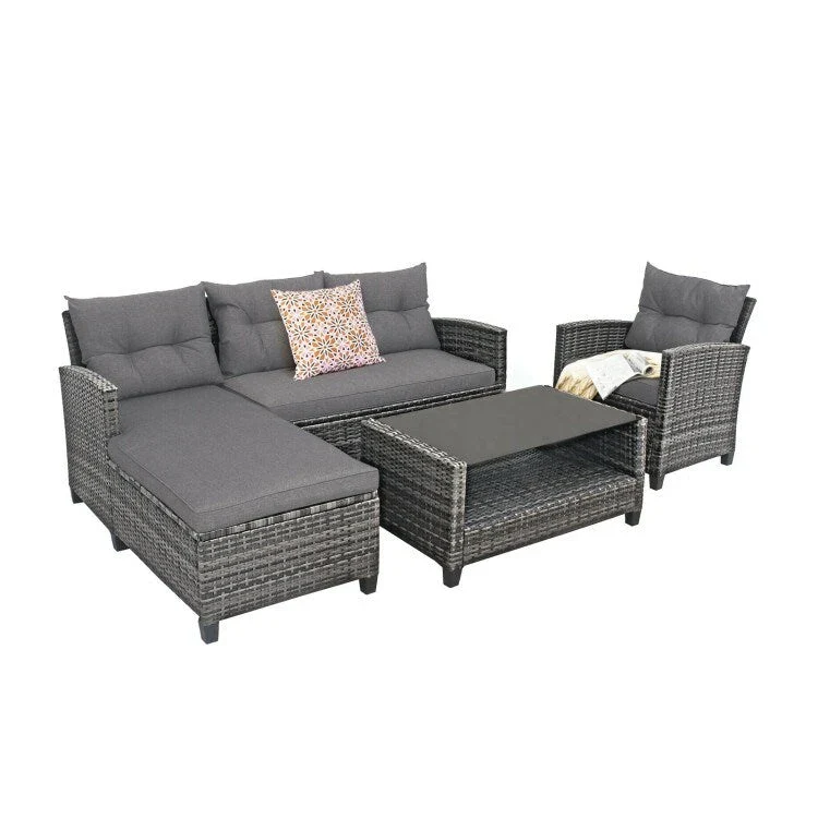 4 Pieces Patio Rattan Furniture Set with Cushion and Table Shelf - 27.5 x 47 x 30 (L x W x H)