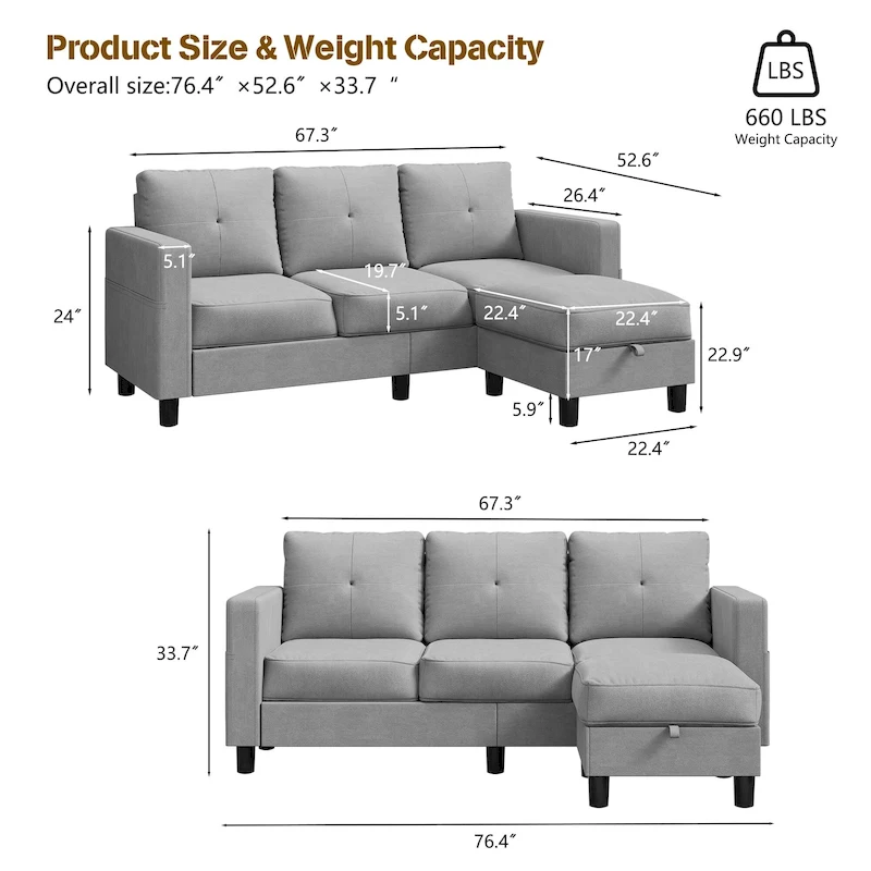 Futzca Modern L-shaped Convertible Sectional Sofa w/ Reversible Chaise