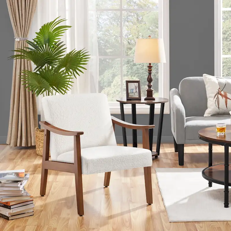 Upholstered Accent Chair Boucle Armchair with Solid Wood Legs - 24.5 L  28 W  29 H