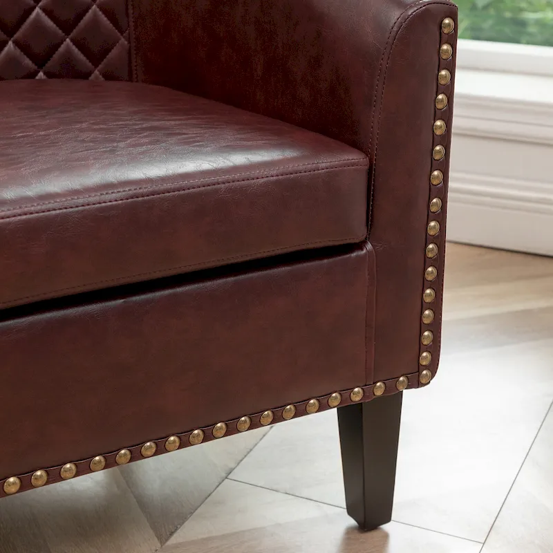 KINWELL PU Leather Tufted Barrel Chair Club Armchair with Nailheads