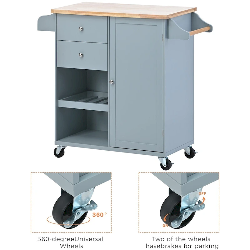 41.3 in. Rolling Kitchen Island with Spice Rack and Two Drawers