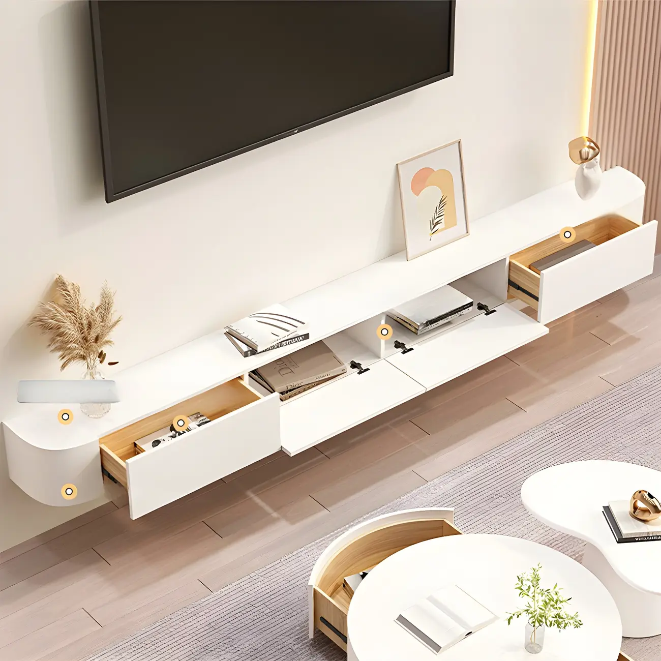 Glam Wooden Floating TV Stand in White with Drawers & Shelves