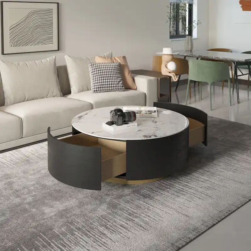 Modern Marble Top Round Coffee Table with Metal Base and 2 Drawers
