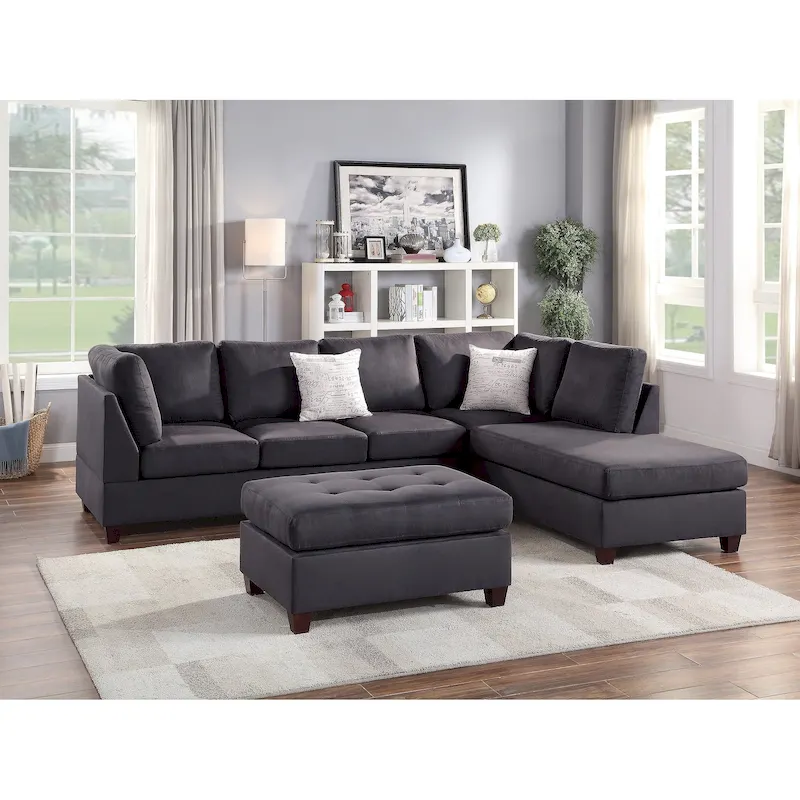 3-Piece Microfiber Sectional Sofa Set, Ebony/Grey, Seats 3+