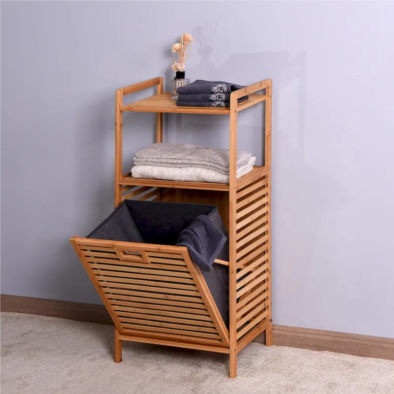Bamboo Bathroom Laundry Storage Cabinet with 2-Tier Shelf, 17.32 x 13 x 37.8 Inch