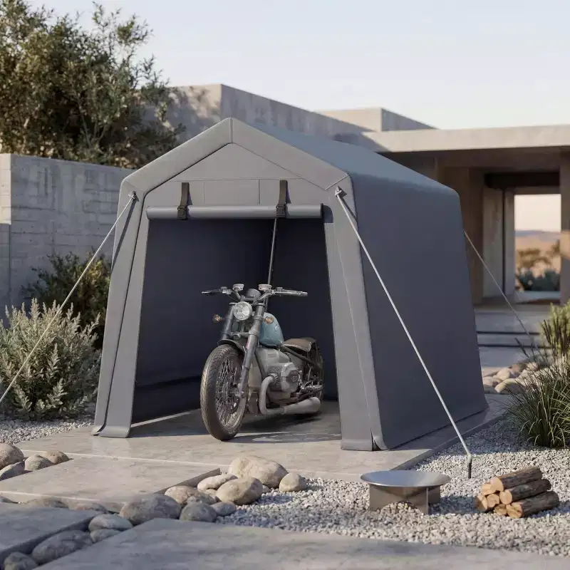 6x6FT Heavy-Duty Motorcycle Shelter - Waterproof PE Carport with Roll-Up Door for Bikes/Firewood (1-Pack)