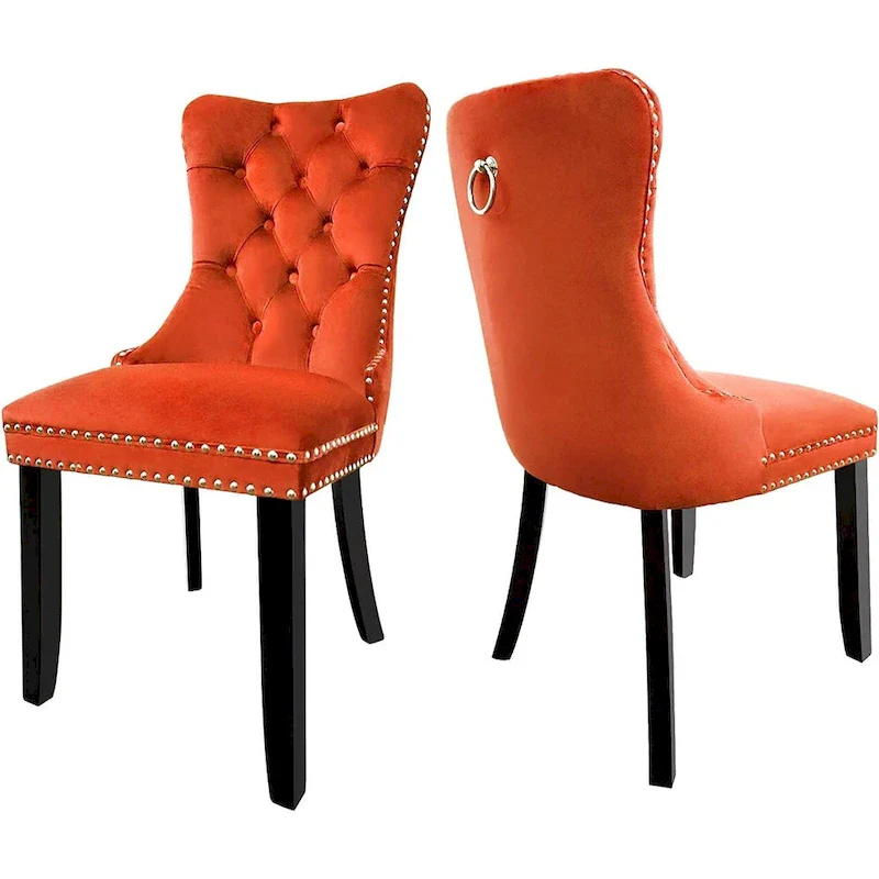 Velvet Dining Chairs Set of 2, Upholstered High-end Tufted Dining Room Chair with Nailhead Back Ring Pull Trim Solid Wood Legs