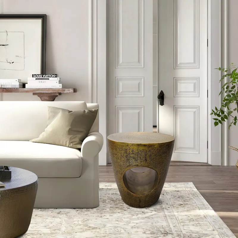 Antique Brass Aluminum Round Drum Side Table, 15.5